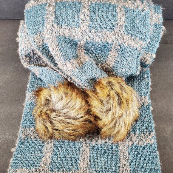 Simply Noelle Luxe Knit Scarf with Faux Fur Pom Poms — Blue & Gray Plaid Winter - Picture 5 of 6